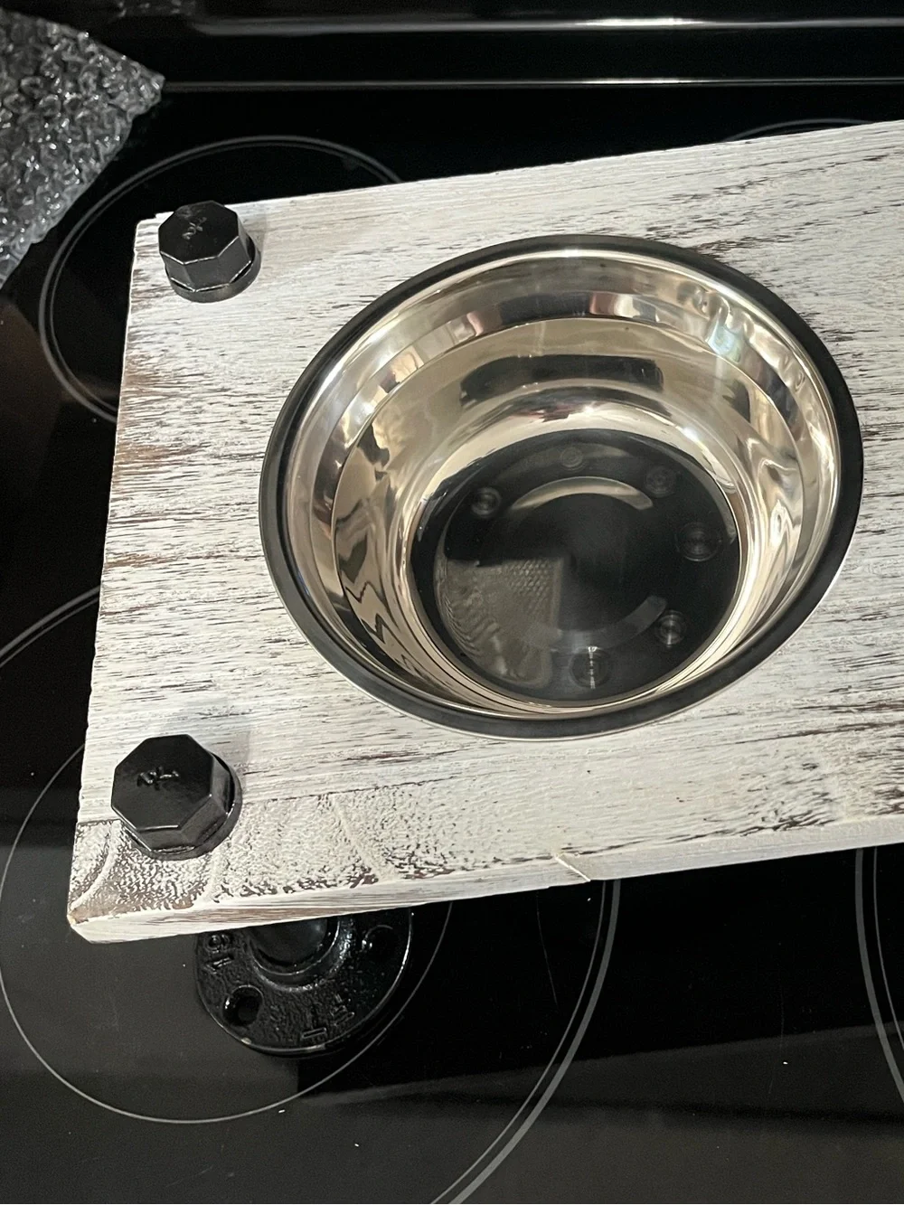 Elevated Pet Dish -Whitewash~Grey W/Black Pipe legs & 2 Stainless Steel bowls 🆕